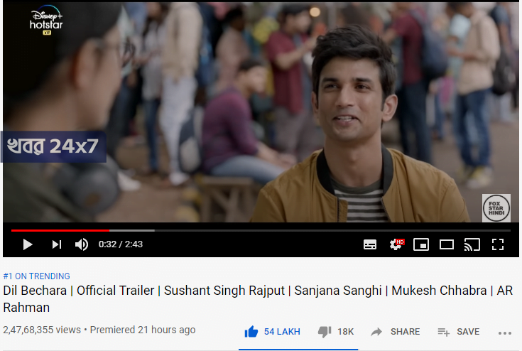 Sushant's Dil Bechara Is The Most Liked Trailer Ever in 24 Hours, Beating Avengers Endgame