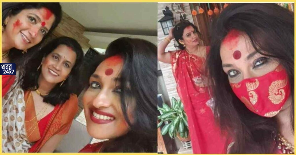 সিঙ্গাপুরেই প্রবাসী বন্ধুদের সঙ্গে দশমীতে সিঁদুর খেলায় মাতলেন ঋতুপর্ণা Rituparna Sengupta enjoyed every rituals in Durga Puja