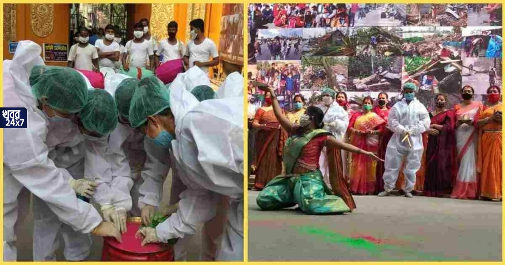 পিপিই কিট পরেই সিঁদুর খেলা হল কলকাতার এই ক্লাবে, ভিডিও ভাইরাল সোশ্যাল মিডিয়ায় This club in Kolkata arranged vermilion play wearing PPE kit due to corona virus situation video got viral
