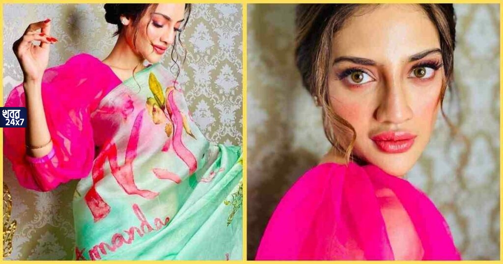 এবারের পুজোতে স্বামী নিখিলের ‘স্পেশাল’ উপহারে সেজে উঠলেন নুসরত Nikhil Jain has gifted wife Nusrat a special designer saree on Durga Puja