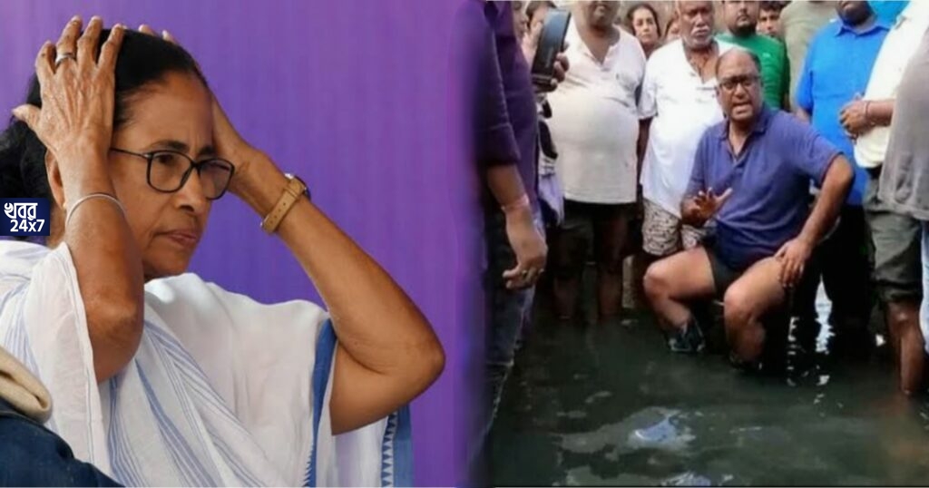 জমা জলের মধ্যেই ধর্নায় বসে পুরসভার বিরুদ্ধে প্রতিবাদ তৃণমূলের বিধায়কের, অস্বস্তিতে শাসকদল