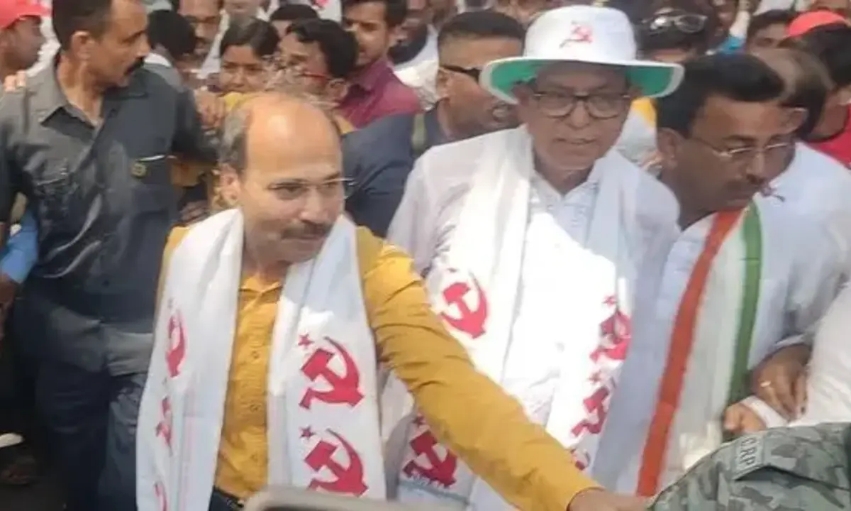Adhir Chowdhury attired as Comrade, Adhir Chowdhury, Mohammad Selim, Congress, CPM, comrade, attired, rally, 2024 Lok Sabha Election,