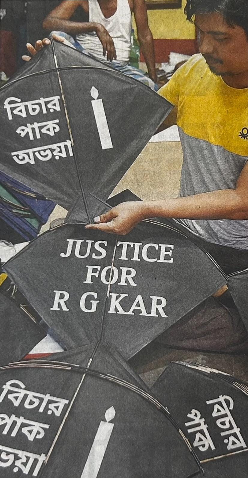 justice slogan, kites, R G Kar Case, Protest, innovative way
